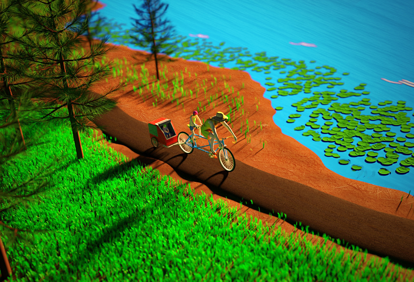 Full render shot of "A family on a stroll", riding bike on a bike path, through the woods and lake at top right side