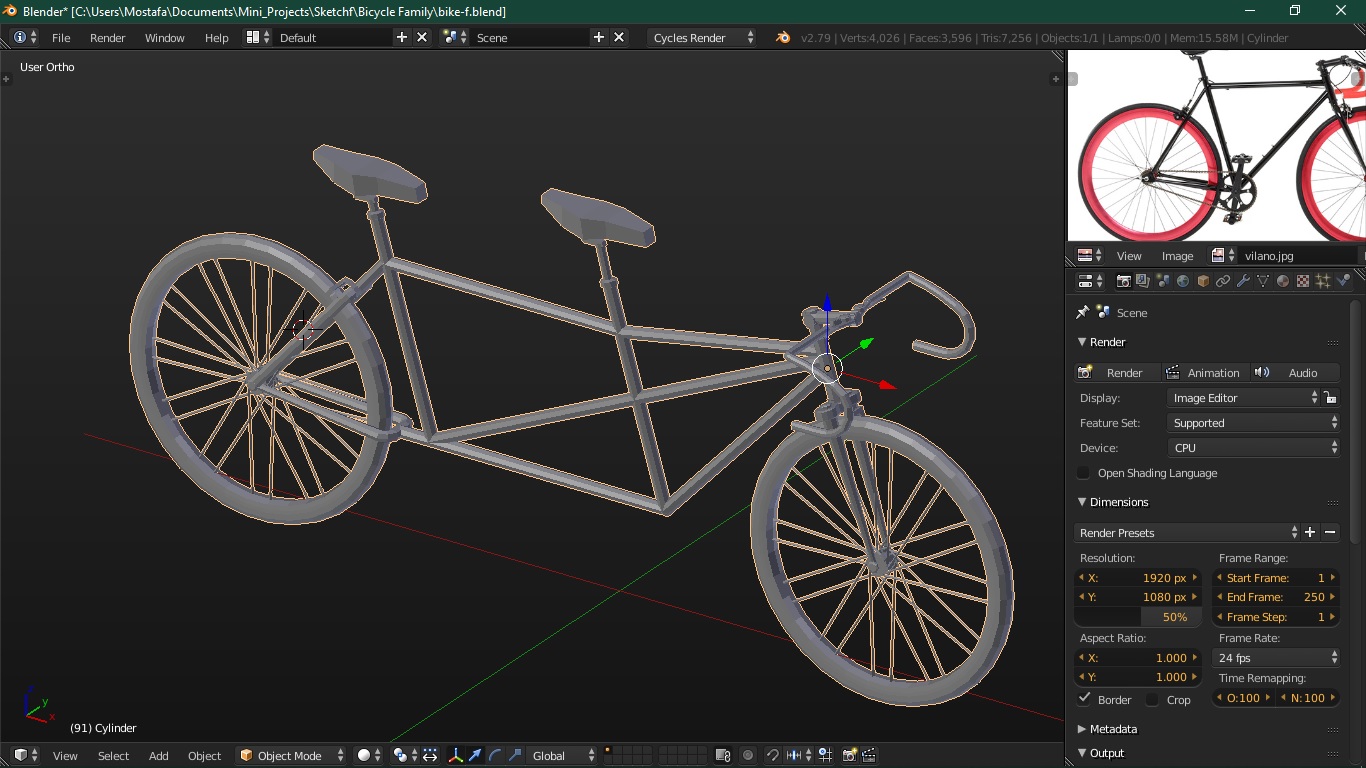 A screenshot of Blender UI, showing the complete model of the bicycle